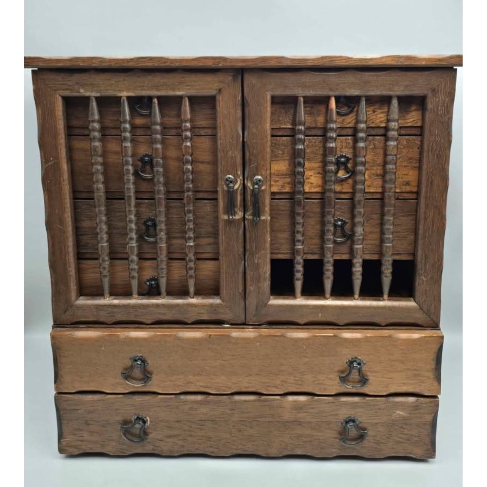 Vintage Wooden Jewelry Armoire Chest Spindle Door 10 Drawer Tabletop musical